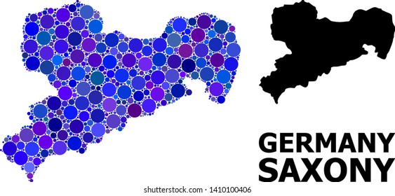 Blue circle mosaic and solid map of Saxony State. Vector geographic map of Saxony State in blue color tones. Abstract concept is constructed from scattered circle dots.