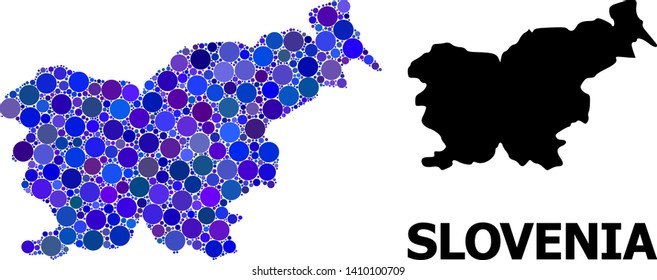 Blue circle mosaic and solid map of Slovenia. Vector geographic map of Slovenia in blue color tones. Abstract mosaic is combined with scattered sphere dots.