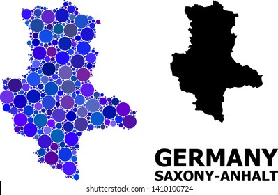 Blue circle mosaic and solid map of Saxony-Anhalt State. Vector geographic map of Saxony-Anhalt State in blue color tinges. Abstract mosaic is composed from randomized circle pixels.