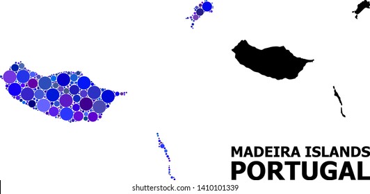 Blue circle mosaic and solid map of Madeira Islands. Vector geographic map of Madeira Islands in blue color tinges. Abstract concept is created from random circle points.