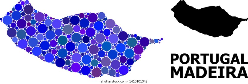 Blue circle mosaic and solid map of Madeira Island. Vector geographic map of Madeira Island in blue color variations. Abstract mosaic is done with random circle spots.