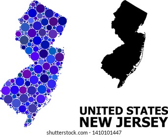 Blue circle mosaic and solid map of New Jersey State. Vector geographic map of New Jersey State in blue color hues. Abstract mosaic is designed from random sphere dots.