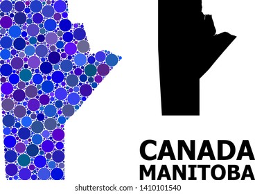 Blue circle mosaic and solid map of Manitoba Province. Vector geographic map of Manitoba Province in blue color tints. Abstract mosaic is done from random circle items.