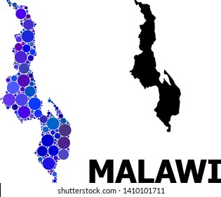 Blue circle mosaic and solid map of Malawi. Vector geographic map of Malawi in blue color hues. Abstract mosaic is organized with scattered circle dots.