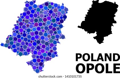 Blue circle mosaic and solid map of Opole Province. Vector geographic map of Opole Province in blue color hues. Abstract mosaic is combined with randomized spheric spots.