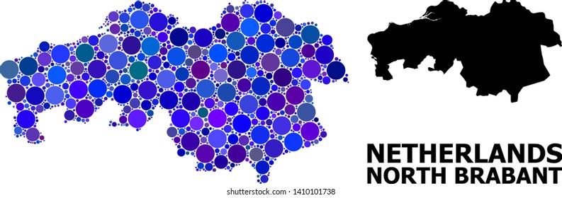 Blue circle mosaic and solid map of North Brabant Province. Vector geographic map of North Brabant Province in blue color tints. Abstract composition is combined from scattered circle items.
