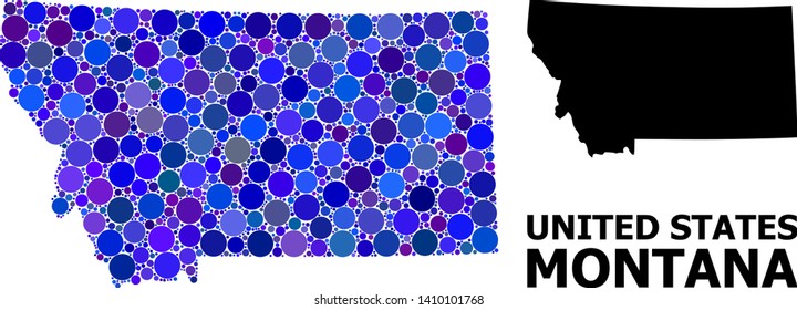 Blue circle mosaic and solid map of Montana State. Vector geographic map of Montana State in blue color tinges. Abstract composition is constructed from random circle items.