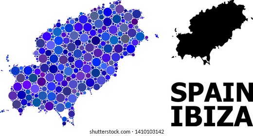 Blue circle mosaic and solid map of Ibiza Island. Vector geographic map of Ibiza Island in blue color tints. Abstract mosaic is organized with randomized circle pixels.