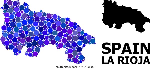 Blue circle mosaic and solid map of La Rioja Spanish Province. Vector geographic map of La Rioja Spanish Province in blue color tones. Abstract mosaic is done with randomized circle dots.