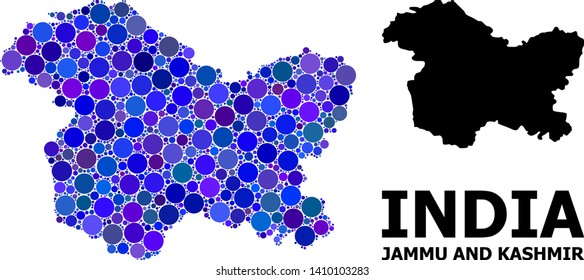 Blue circle mosaic and solid map of Jammu and Kashmir State. Vector geographic map of Jammu and Kashmir State in blue color tones. Abstract mosaic is done with scattered circle dots.