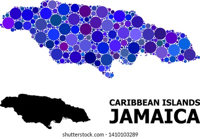 Blue circle mosaic and solid map of Jamaica. Vector geographic map of Jamaica in blue color variations. Abstract mosaic is organized with random circle items.