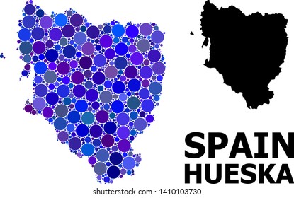 Blue circle mosaic and solid map of Hueska Province. Vector geographic map of Hueska Province in blue color tones. Abstract collage is constructed from random circle dots.