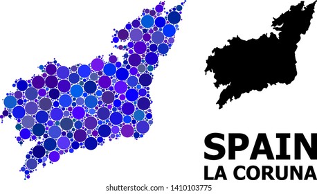 Blue circle mosaic and solid map of La Coruna Province. Vector geographic map of La Coruna Province in blue color shades. Abstract composition is composed with randomized circle items.