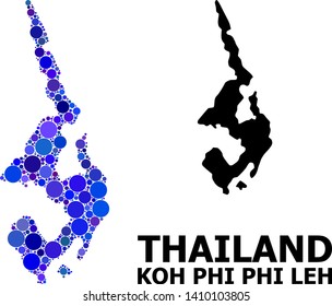 Blue circle mosaic and solid map of Koh Phi Leh. Vector geographic map of Koh Phi Leh in blue color tints. Abstract collage is created with randomized circle pixels.