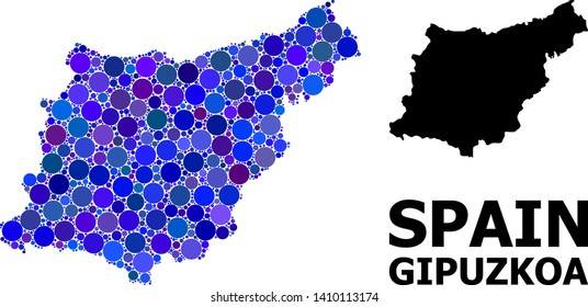 Blue circle mosaic and solid map of Gipuzkoa Province. Vector geographic map of Gipuzkoa Province in blue color tinges. Abstract composition is organized from randomized circle blots.