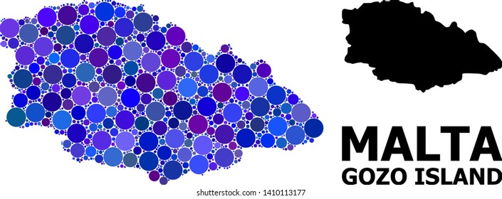Blue circle mosaic and solid map of Gozo Island. Vector geographic map of Gozo Island in blue color tones. Abstract composition is combined with randomized circle pixels.