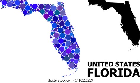 Blue circle mosaic and solid map of Florida State. Vector geographic map of Florida State in blue color tones. Abstract mosaic is done from random round items.