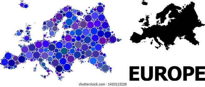 Blue circle mosaic and solid map of Europe. Vector geographic map of Europe in blue color shades. Abstract mosaic is constructed with randomized circle spots.