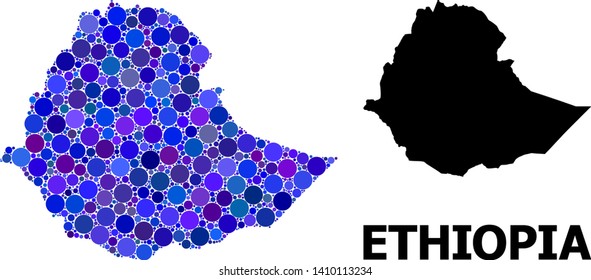 Blue circle mosaic and solid map of Ethiopia. Vector geographic map of Ethiopia in blue color shades. Abstract mosaic is done with random circle dots.