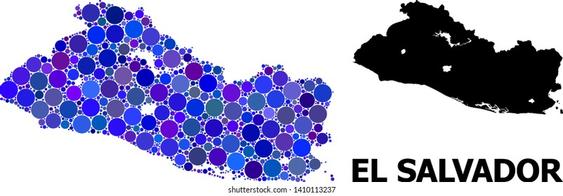 Blue circle mosaic and solid map of El Salvador. Vector geographic map of El Salvador in blue color shades. Abstract mosaic is composed with random circle elements.