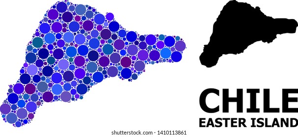 Blue circle mosaic and solid map of Easter Island. Vector geographic map of Easter Island in blue color tones. Abstract mosaic is organized with random circle pixels.