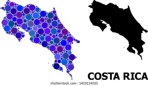 Blue circle mosaic and solid map of Costa Rica. Vector geographic map of Costa Rica in blue color shades. Abstract concept is organized from randomized circle items.