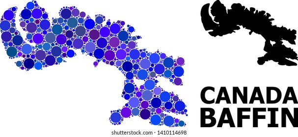 Blue circle mosaic and solid map of Baffin Island. Vector geographic map of Baffin Island in blue color tinges. Abstract mosaic is composed with random circle dots.