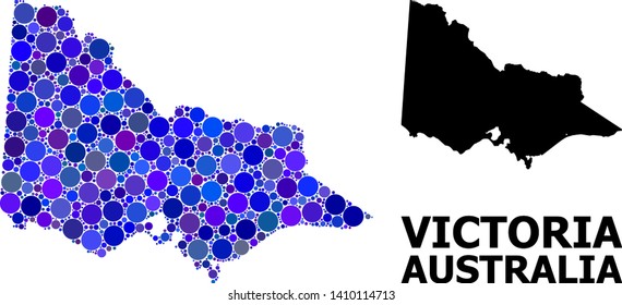 Blue circle mosaic and solid map of Australian Victoria. Vector geographic map of Australian Victoria in blue color tints. Abstract collage is constructed from randomized circle dots.