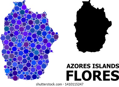 Blue circle mosaic and solid map of Azores - Flores Island. Vector geographic map of Azores - Flores Island in blue color tints. Abstract mosaic is composed from scattered circle dots.