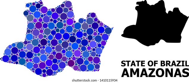 Blue circle mosaic and solid map of Amazonas State. Vector geographic map of Amazonas State in blue color shades. Abstract mosaic is organized with scattered circle spots.