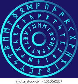 Blue circle of old Norse runes. Runic alphabet, Futhark. Ancient occult Viking characters letters, rune font. Vector illustration, EPS 10. Old Norse writing.