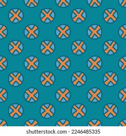 Blue circle with orange cross seamless pattern on blue background. For textile, packaging, DIY projects.