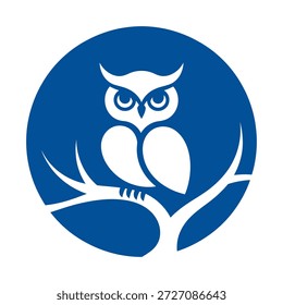 Búho azul del círculo que se sienta en el icono blanco de la silueta de la rama del árbol