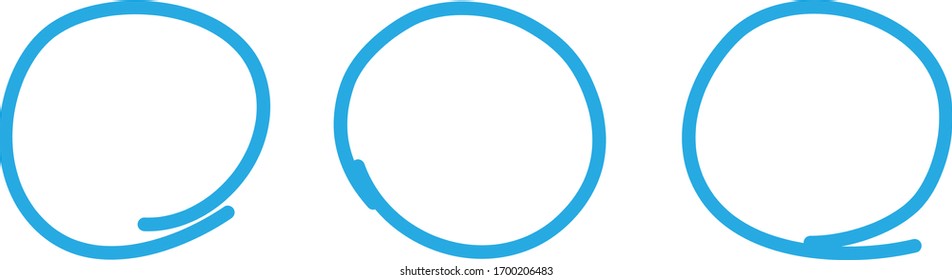 Blue circle pen draw set. Highlight hand drawn circle isolated on white background. Handwritten blue circle. For marker pen, pencil, logo and text check. Vector illustration