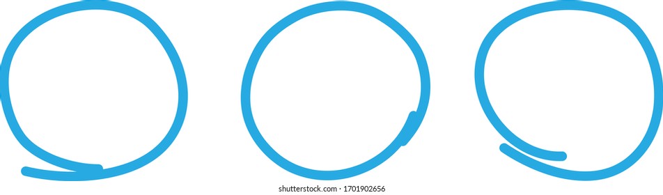 Blue circle pen draw set. Highlight hand drawn circle isolated on white background. Handwritten blue circle. For marker pen, pencil, logo and text check. Vector illustration