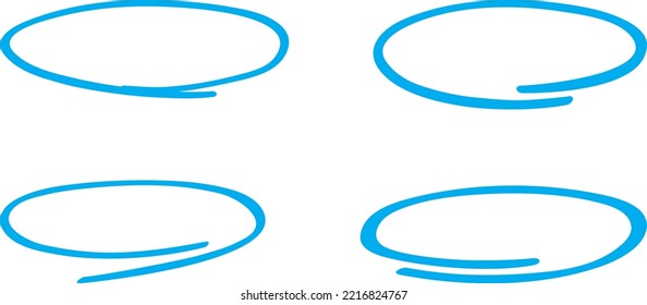 Blue circle, pen draw set. Highlight hand drawing different circles isolated on background. Handwritten blue circle. For marking text, numbers, marker pen, pencil and text check, vector illustration