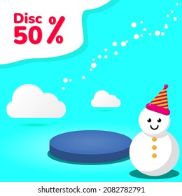 blue circle podium with snowman and clouds illustration. suitable for background, sale product