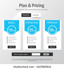 Blue circle pricing plan with blue belt. High quality vector EPS