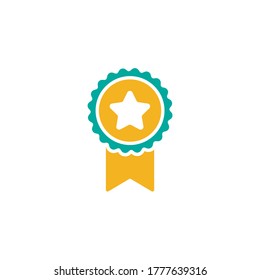 Blue circle with ribbon and green star. Flat sticker icon. Isolated on white. Accept button. Vector award illustration. Quality check. Certified medal. Approved stamp. Valid seal