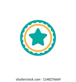 Blue circle with ribbon and blue star. Flat sticker icon. Isolated on white. Accept button. Vector award illustration. Quality check. Certified medal. Approved stamp. Valid seal