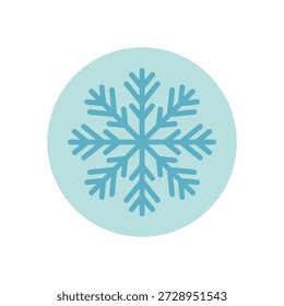 Etiqueta engomada azul del copo de nieve del círculo en estilo plano del icono. Adorno de línea y etiqueta de hielo frío para caja o adorno de invierno. Navidades chill flat snow flake symbol para regalo o paquete.