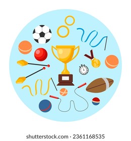 Blue circle with sports prizes and equipment vector illustration. Cartoon drawing of gold cup, medal, soccer and American football balls, timer, tools for gymnastics. Sports, fitness concept