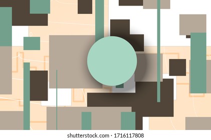 Blue circle with square backdrop, modern abstract background, round object with shadow on square object