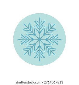 Etiqueta engomada azul del círculo con un icono del contorno del copo de nieve en estilo congelado helado. Ornamento frío del día de fiesta del invierno y símbolo de la Navidad, perfecto para las etiquetas de la caja y el empaquetado en Configuraciones estacionales o festivas.