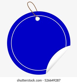 Blue Circle Tag or label with Curl Effect and hanging rope, isolated on white