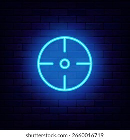 Icono de neón del radar blanco del círculo azul. Sónar del ejército y puntería deportiva. Símbolo de negocio en la pared de ladrillo. Vector ilustración de stock