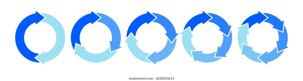 Blue circle transition stages. Circular arrows. Diagram infographic set. Rotation cycle vector 2, 3, 4, 5, 6, parts. Cyrcle, process, and flow concept