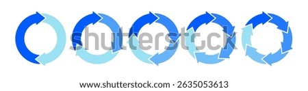 Blue circle transition stages. Circular arrows. Diagram infographic set. Rotation cycle vector 2, 3, 4, 5, 6, parts. Cyrcle, process, and flow concept