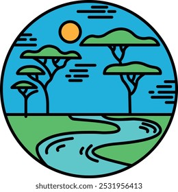 A blue circle with trees and a river in the center. The sun is shining on the trees and the river, creating a peaceful and serene atmosphere