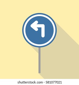 blue circle turn left traffic sign all in light brown or cream square flat design with shadow effect